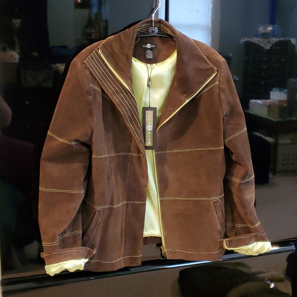 Brown genuine leather suede jacket, green accents
